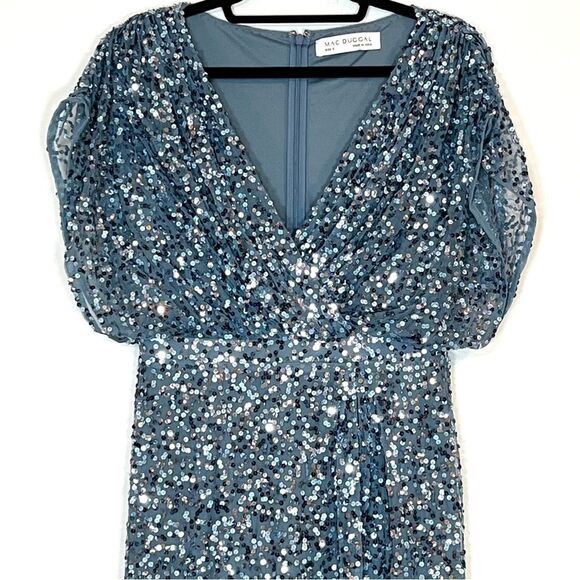 Mac Duggal 5640 Womens Size 18 Blue Sequin Draped Sleeve V-Neck Gown Maxi Dress - Picture 4 of 8